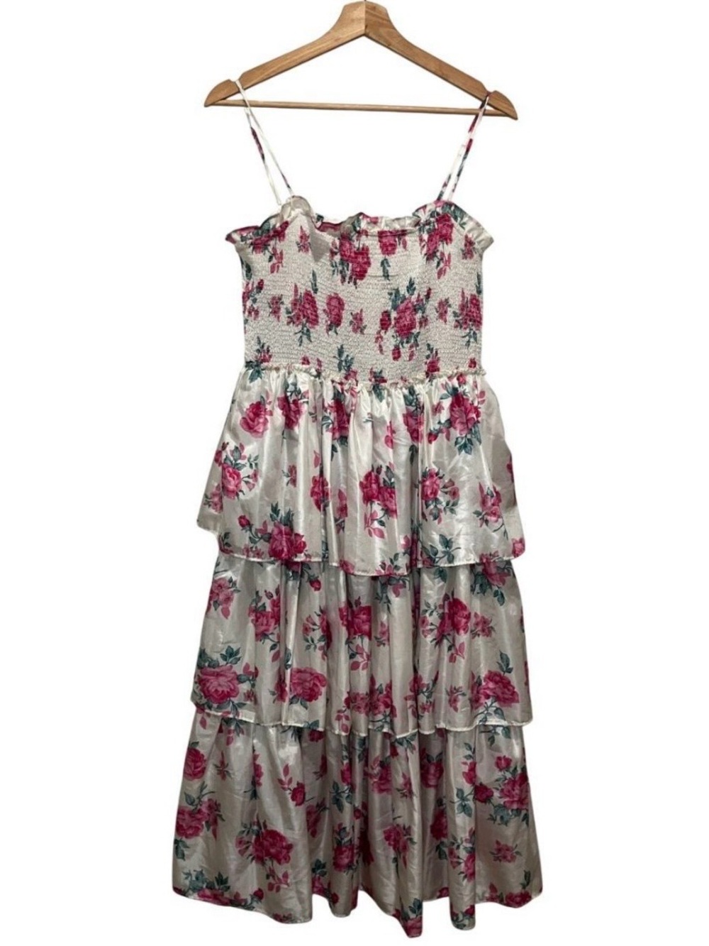 LoveShackFancy White Floral Tiered Maxi Dress with Pink Roses